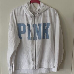 PINK Victoria's Secret White Zip Hoodie with Light Blue Logo